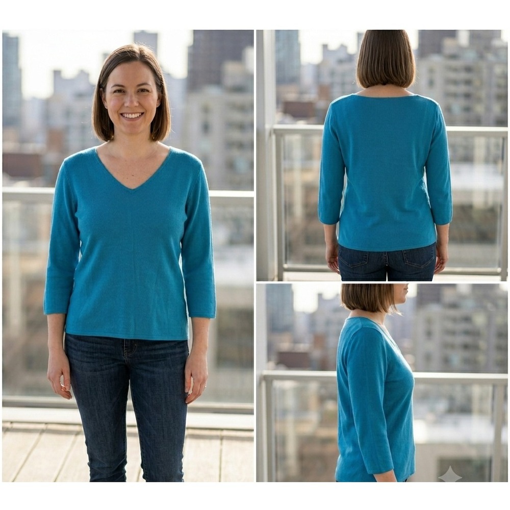 Vintage Kikit Top Womens L Turquoise Blue Knit V-Neck 3/4 Sleeve Classic Outdoor